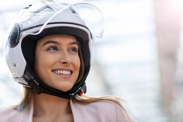 Beautiful Young Woman Wearing Helmet — Stock Photo, Image