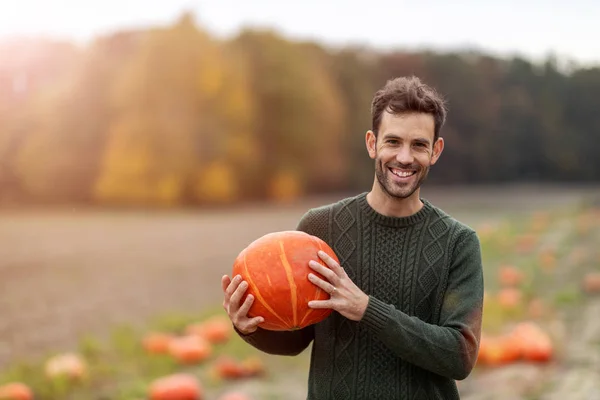 Man Som Håller Pumpa Pumpa Patch Fält — Stockfoto