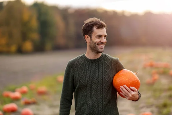 Hombre Sosteniendo Calabaza Campo Parche Calabaza — Foto de Stock