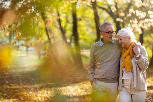 Felice Coppia Anziana Nel Parco Autunnale — Foto Stock