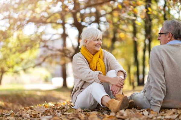 Glada Äldre Par Höstparken — Stockfoto