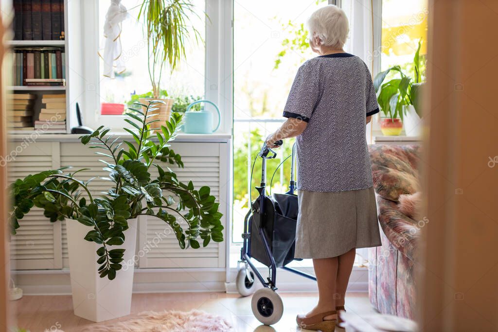 Rear view of a senior woman with walking frame at home
