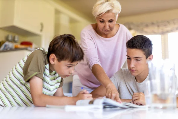 Mãe Ajudando Seus Filhos Fazendo Lição Casa Casa — Fotografia de Stock