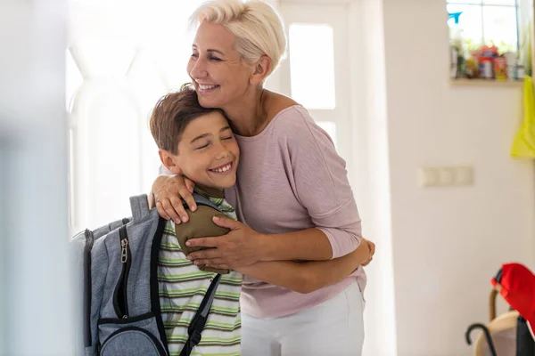 Mother Son Backpack Entrance Hall Royalty Free Stock Photos