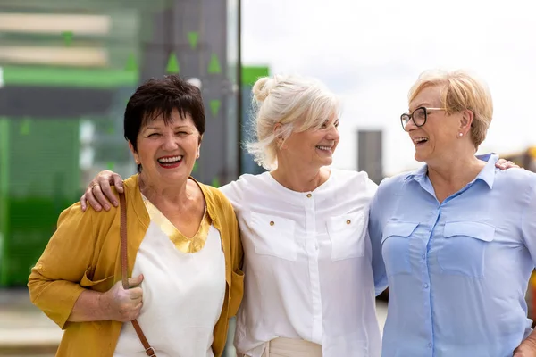 Senior Kvinnliga Vänner Som Har Roligt Tillsammans — Stockfoto