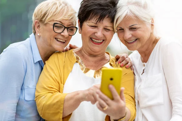 Gruppe Eldre Kvinner Som Bruker Smarttelefon Sammen – stockfoto