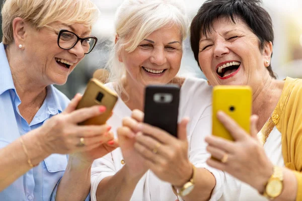 Grupo Mulheres Idosas Usando Smartphone Juntas Fotos De Bancos De Imagens