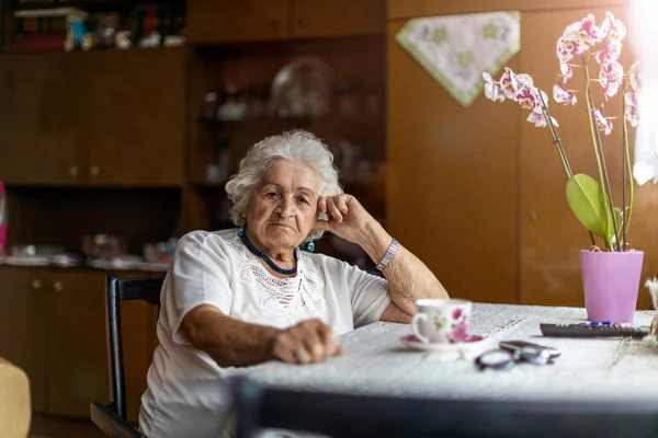 Portret Van Een Oudere Vrouw Bij Haar Thuis — Stockfoto
