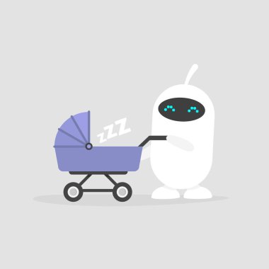 Fütüristik Konsept. Sevimli robot-bir bebek arabası ile yürüyüş çocuk bakıcısı. Ev Yardımcısı. Teknoloji. Modern yaşam tarzı / düz düzenlenebilir vektör çizim, küçük resim