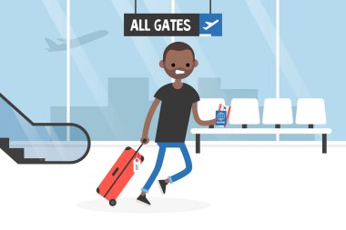 Bagaj, belgeler ve biniş kartı tutan Havaalanı terminal üzerinden çalışan genç geç yolcu. Seyahat. Uçuş. Turist. Kavram. Düz düzenlenebilir vektör çizim, küçük resim