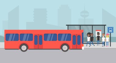 Otobüs İstasyonu. Bir otobüs bekleyen yolcular. Cityscape. Kentsel sahne. Toplu taşıma aracı. Düz düzenlenebilir vektör çizim, küçük resim