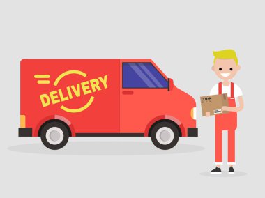 Teslimat hizmeti. Bir parsel tutan genç gülümseyen kurye. Ulaşım. Düz vektör çizim, küçük resim