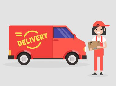 Teslimat hizmeti. Bir parsel tutan genç gülümseyen kadın kurye. Ulaşım. Düz vektör çizim, küçük resim