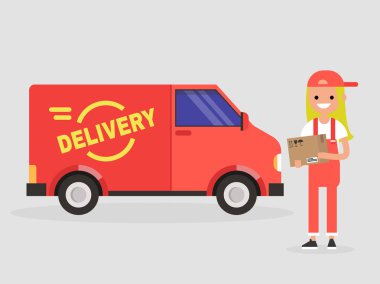 Teslimat hizmeti. Bir parsel tutan genç gülümseyen kadın kurye. Ulaşım. Düz vektör çizim, küçük resim