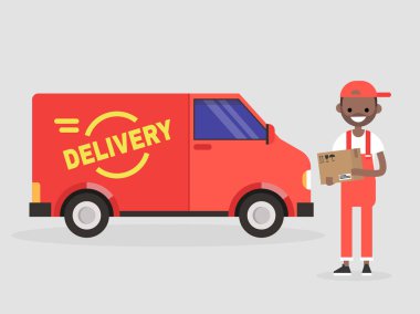 Teslimat hizmeti. Bir parsel tutan genç gülümseyen siyah kurye. Ulaşım. Düz vektör çizim, küçük resim