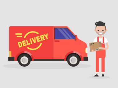 Teslimat hizmeti. Bir parsel tutan genç gülümseyen kurye. Ulaşım. Düz vektör çizim, küçük resim