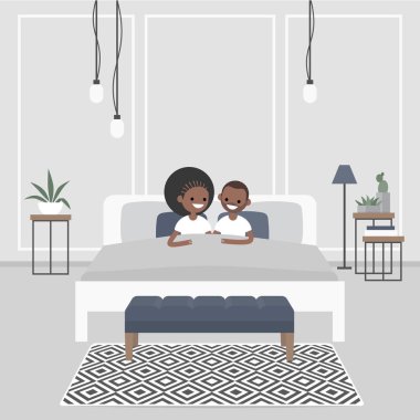 Modern yatak odası iç. Çift kişilik yatakta yatan genç Afro-Amerikan yetişkinlerin. İskandinav tasarım.