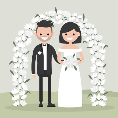 Birkaç çiçek arch arkasında duran yeni evliler. Gelin ve damat. Yeni aile. Zarif Bahçe töreni. Düz vektör çizim, küçük resim