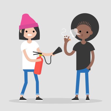 Kötü alışkanlıkları mücadele. Başka bir kişinin sigara söndürme bir karakter. Sağlık. Bin yıllık bir yaşam tarzı. Düz düzenlenebilir vektör çizim, küçük resim