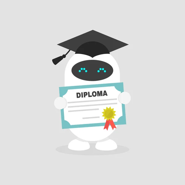 Aprendizagem Automática Graduado Robô Bonito Vestindo Boné Segurando Certificado Diploma — Vetor de Stock