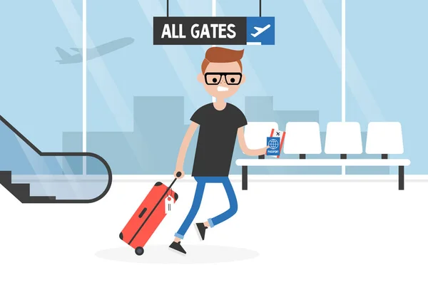 Passageiro Jovem Atrasado Que Atravessa Terminal Aeroporto Segurando Bagagem Documentos — Vetor de Stock