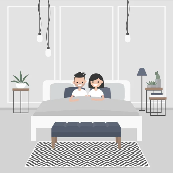 Intérieur Chambre Moderne Couple Jeunes Adultes Caucasiens Couchés Dans Lit — Image vectorielle