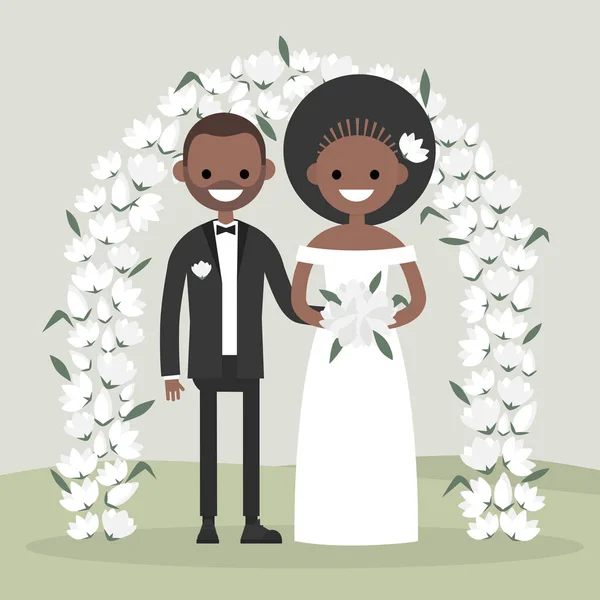 Couple Newly Weds Standing Floral Arch Bride Groom New Family — Stock Vector