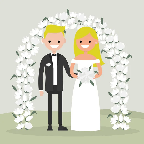 Ein Paar Frisch Vermählte Die Hinter Dem Blumenbogen Stehen Brautpaar — Stockvektor