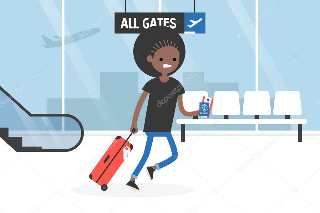 Young late passenger running through the airport terminal, holding the luggage, documents and boarding pass. Travel. Flight. Tourist. Concept. Flat editable vector illustration, clip art