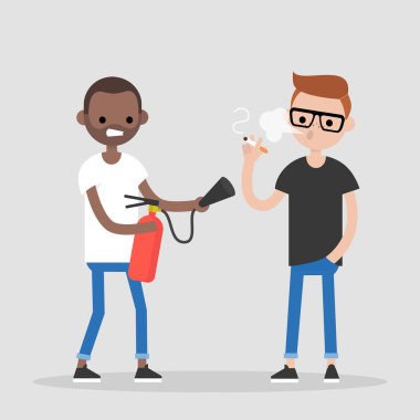 Kötü alışkanlıkları mücadele. Başka bir kişinin sigara söndürme bir karakter. Sağlık. Bin yıllık bir yaşam tarzı. Düz düzenlenebilir vektör çizim, küçük resim