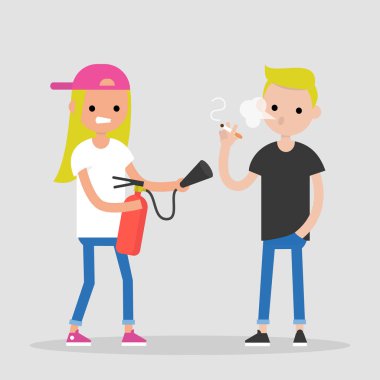 Kötü alışkanlıkları mücadele. Başka bir kişinin sigara söndürme bir karakter. Sağlık. Bin yıllık bir yaşam tarzı. Düz düzenlenebilir vektör çizim, küçük resim