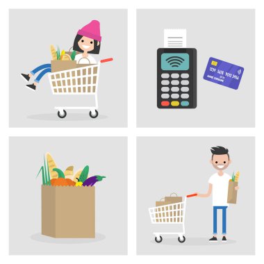Kümesini tek bir süpermarket: nesneleri ve karakter. Yiyecek. Günlük yaşam. Alışverişe çıkmayı genç yetişkinler. Düz düzenlenebilir vektör çizim, küçük resim
