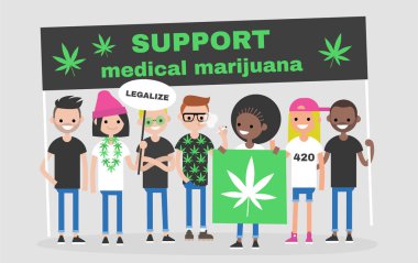 Esrar yasallaştırmak. Tezahürü. Afiş ve afişlerin holding genç yetişkinler. Eylemciler. Sosyal Konular. Modern bir yaşam tarzı. Topluluk iddiaları. Düz düzenlenebilir vektör çizim, küçük resim