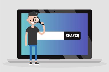 Arama kavramsal çizimi. Bin yıllık karakter Büyüteç arıyor / düz düzenlenebilir vektör çizim