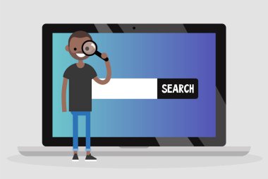 Arama kavramsal çizimi. Bin yıllık karakter Büyüteç arıyor / düz düzenlenebilir vektör çizim