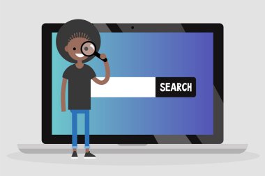 Arama kavramsal çizimi. Bin yıllık karakter Büyüteç arıyor / düz düzenlenebilir vektör çizim