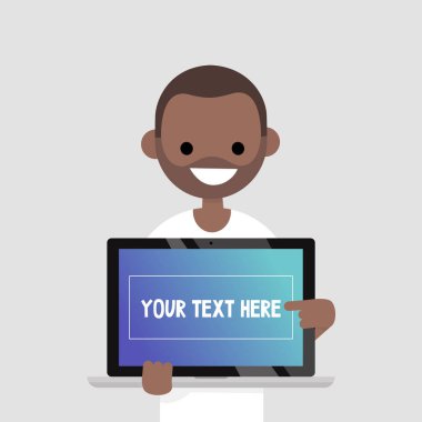 Metninizi buraya. Bin yıllık karakter işaret üstünde belgili tanımlık laptop perde / düz düzenlenebilir gülümseyen illüstrasyon vektör, küçük resim