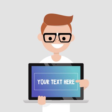 Metninizi buraya. Bin yıllık karakter işaret üstünde belgili tanımlık laptop perde / düz düzenlenebilir gülümseyen illüstrasyon vektör, küçük resim