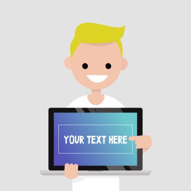 Metninizi buraya. Bin yıllık karakter işaret üstünde belgili tanımlık laptop perde / düz düzenlenebilir gülümseyen illüstrasyon vektör, küçük resim