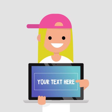 Metninizi buraya. Bin yıllık karakter işaret üstünde belgili tanımlık laptop perde / düz düzenlenebilir gülümseyen illüstrasyon vektör, küçük resim