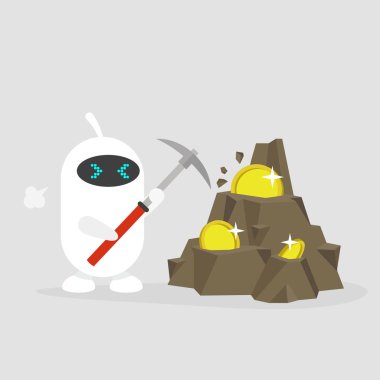 Bitcoin madencilik, kavramsal çizimi. Cryptocurrency bir kazma ile madencilik şirin beyaz robot. Düz düzenlenebilir vektör çizim, klip ar