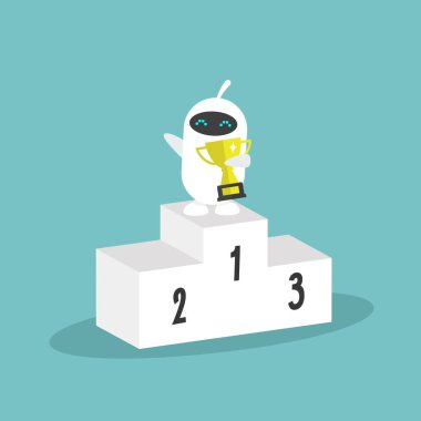 Zafer kavramsal çizimi. Sevimli beyaz robot duran bir 