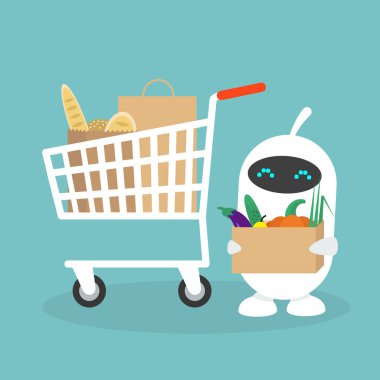 Sevimli beyaz robot bir bakkal / düz düzenlenebilir vektör resim, küçük resim