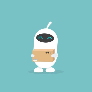 Sevimli beyaz robot bir parsel holding / düz düzenlenebilir vektör çizim, küçük resim