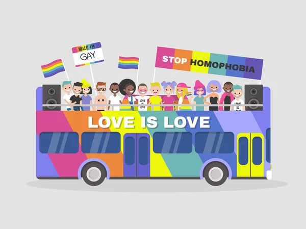 Lgbtq Geçit Eşcinsellik Eşitlik Çeşitlilik Renkli Çift Katlı Otobüs Gösteri — Stok Vektör