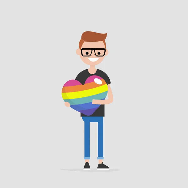 Concepto Corazón Lgbtq Joven Personaje Sonriente Sosteniendo Gran Corazón Arco — Vector de stock