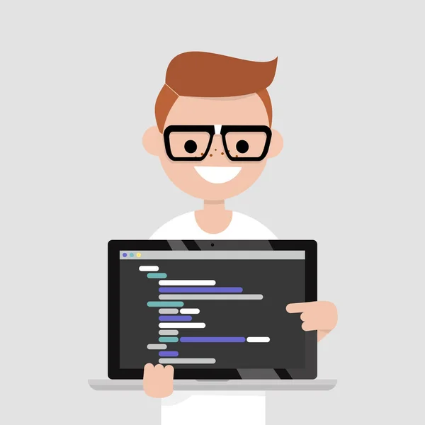 Junger Programmierer Zeigt Auf Den Laptop Bildschirm Programmiercode Technologie Flache — Stockvektor