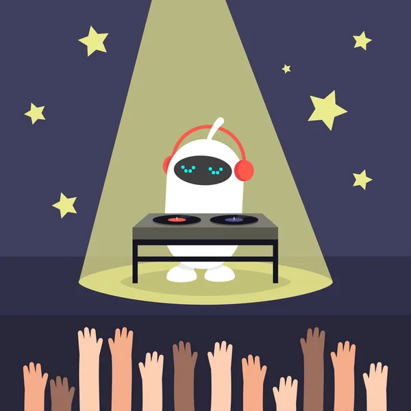 Lindo robot blanco jugando un DJ-set / plana editable vector illustr — Vector de stock