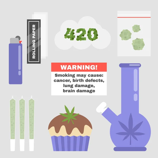 Cannabis. Marijuana. Weed. Set of smoking tools. Lifestyle and Health. Flat editable vector illustration, clip art — Stock Illustration Cannabis Marijuana Weed Set Smoking Tools Lifestyle Health Flat Editable Vector Graphics