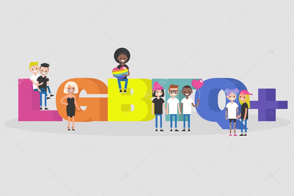 LGBTQ+ sign. LGBT. Homosexual relationships. Rainbow colors. Modern lifestyle. Young people standing and seating near by 3D letters. Flat editable vector illustration, clip art